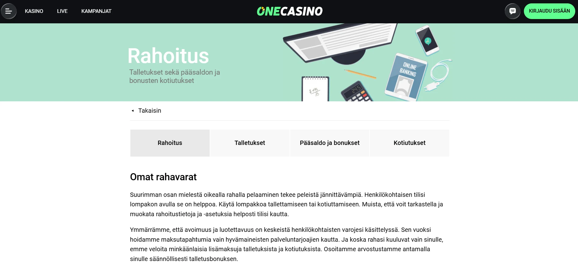 OneCasinon suomenkielinen maksutietosivu selaimessa